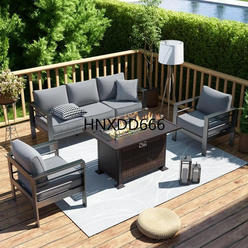 Outdoor Furniture With Fire Pit Table - Gartenmöbel-Set mit Feuerstelle, 6-teiliges Aluminium-Outdoor-Sofa-Set aus