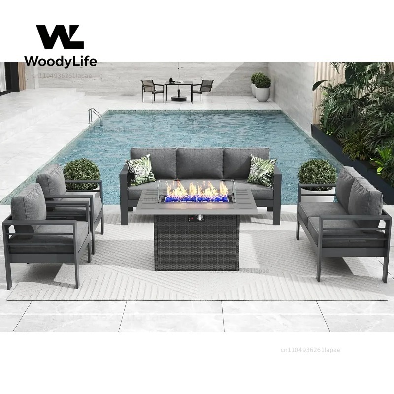 Outdoor Furniture With Fire Pit Table - L5-teiliges modernes Aluminium-Gartenmöbel-Set mit Feuertisch, Outdoor-Sitzgruppe,