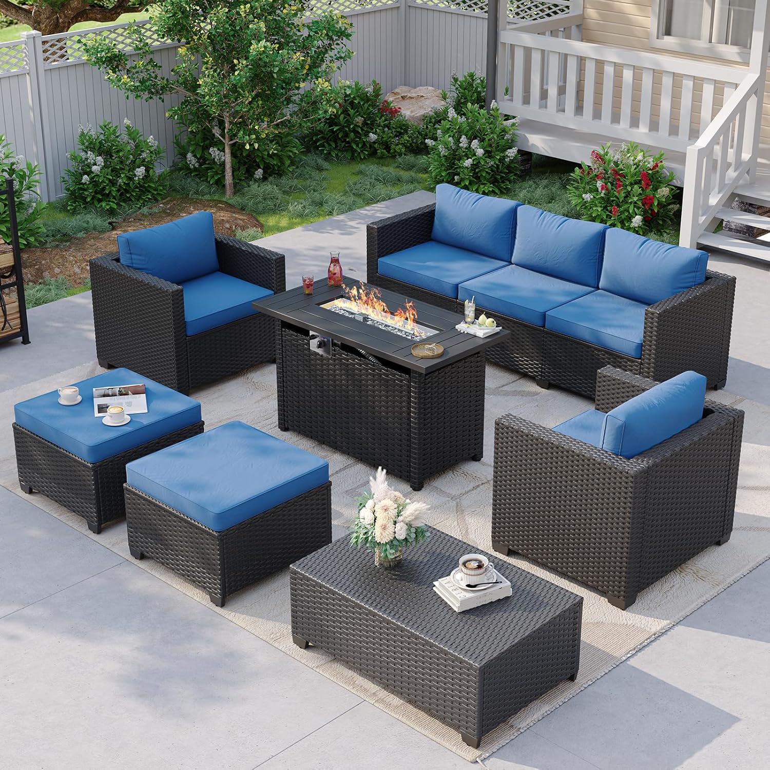 Outdoor Furniture With Fire Pit Table - Marineblaues Outdoor-Sofa-Set mit Feuertisch und Stauraum,