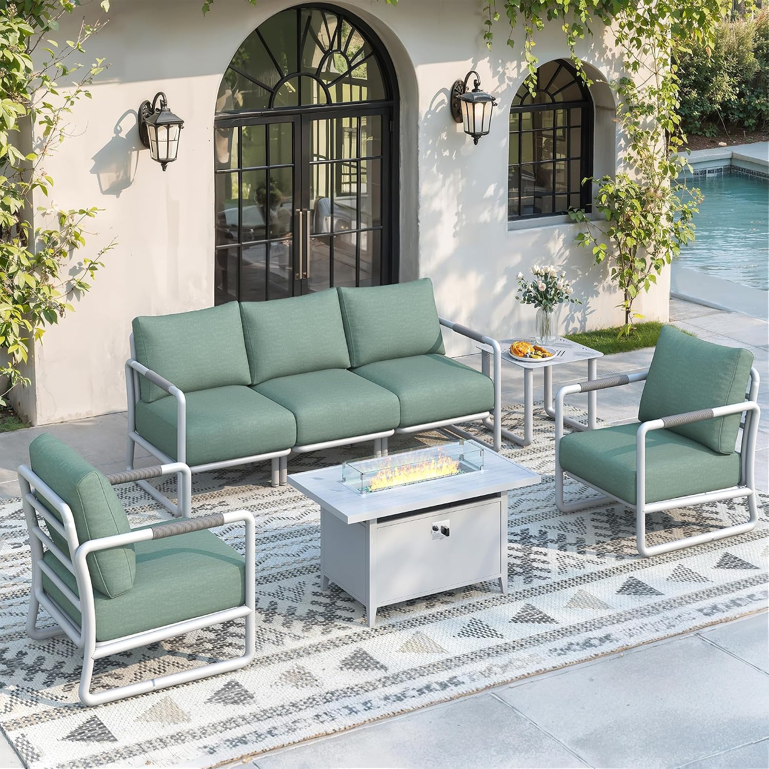 Outdoor Furniture With Fire Pit Table - 7-teiliges Outdoor-Aluminium-Terrassenmöbel-Set mit 55.000 BTU Feuerstelle,